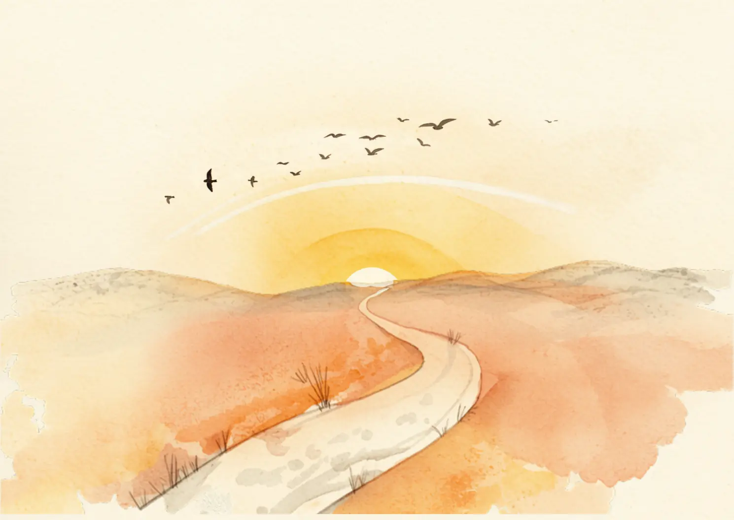 Chemin sinueux vers le soleil couchant