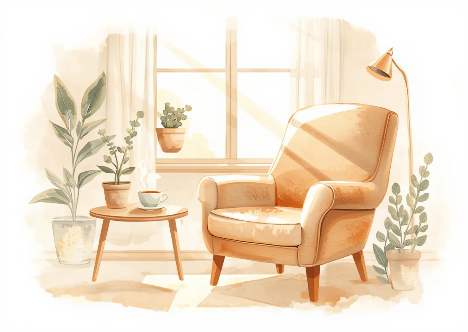 Fauteuil confortable près d’une fenêtre ensoleillée