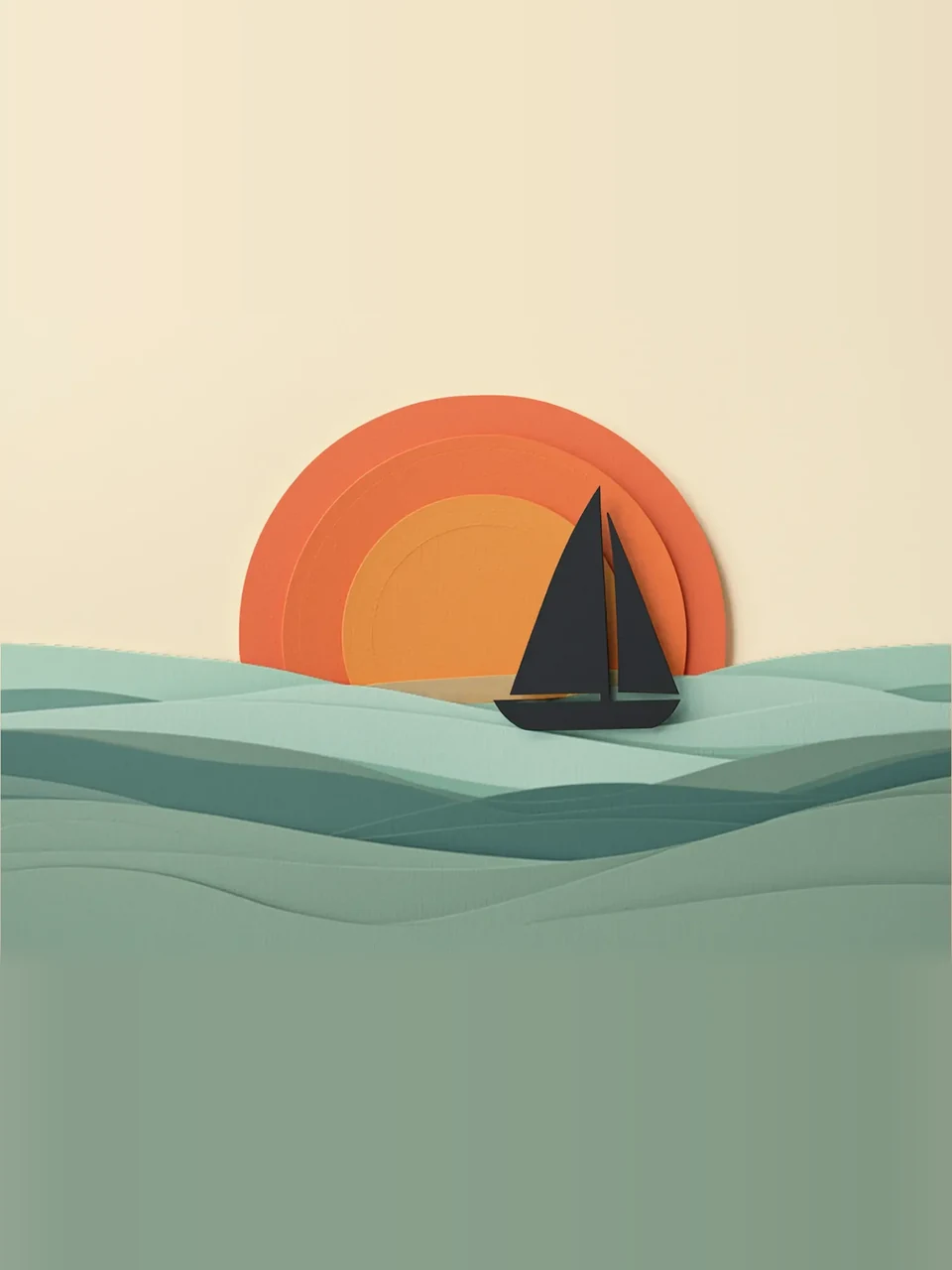 Segelboot auf Wellen im Sonnenuntergang