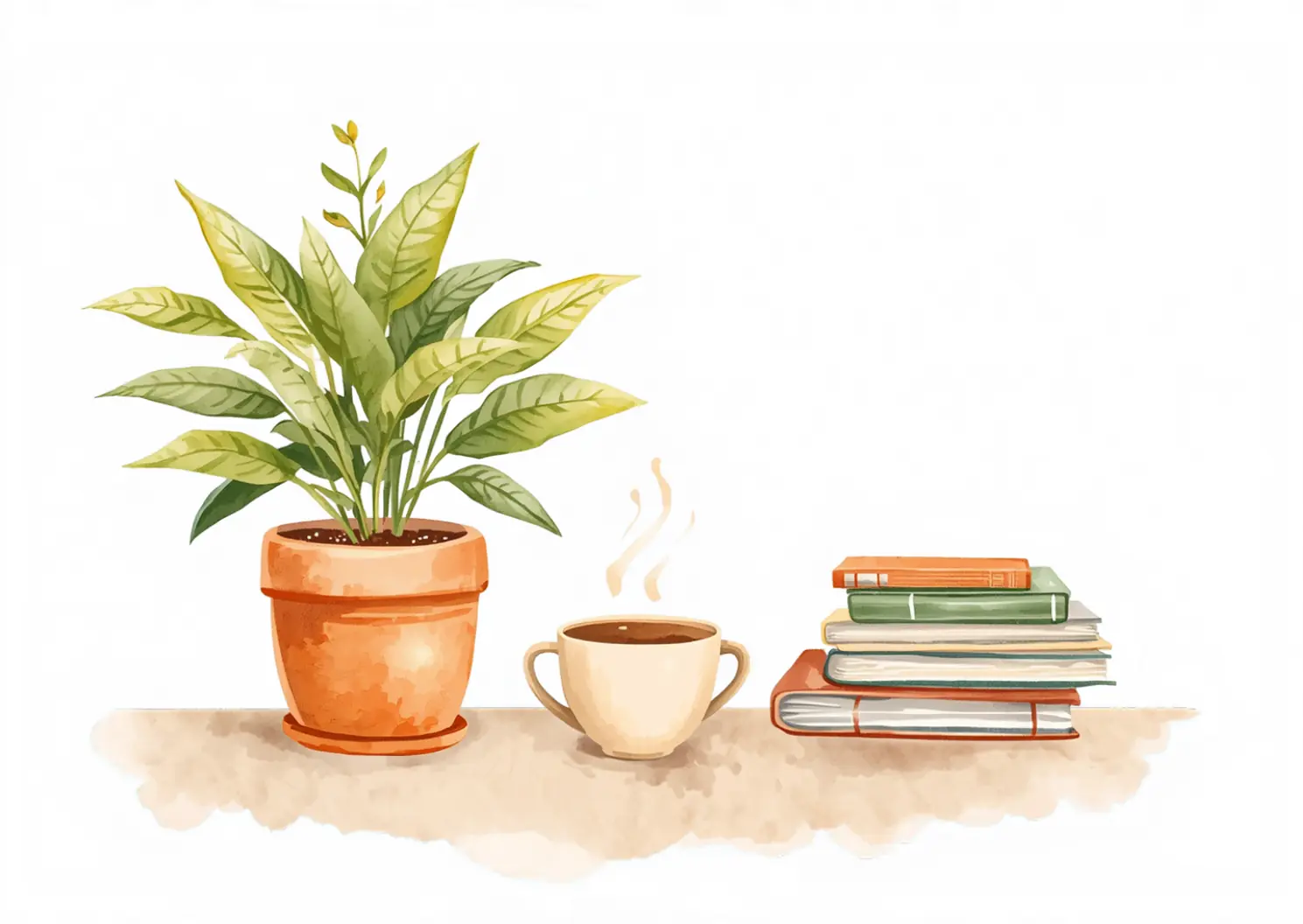 Pflanze, Kaffeetasse und Bücher