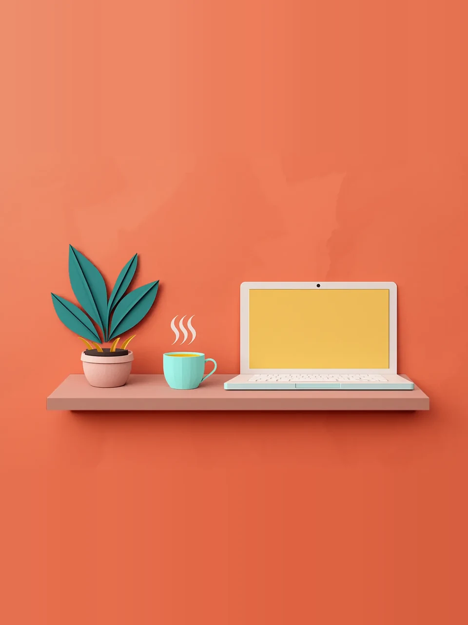 Laptop, Tasse und Pflanze auf einem Regal